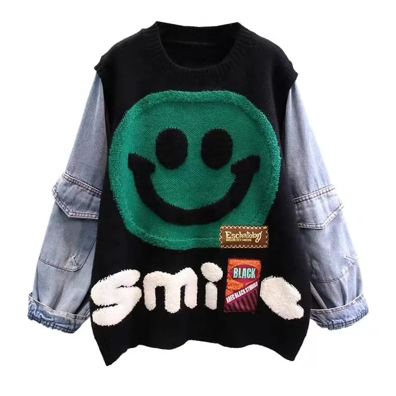 ZHEZHE Free size 3 colors smile face ladies knit sweater with denim sleeve fashion oversize outdoor wear women pullover sweater