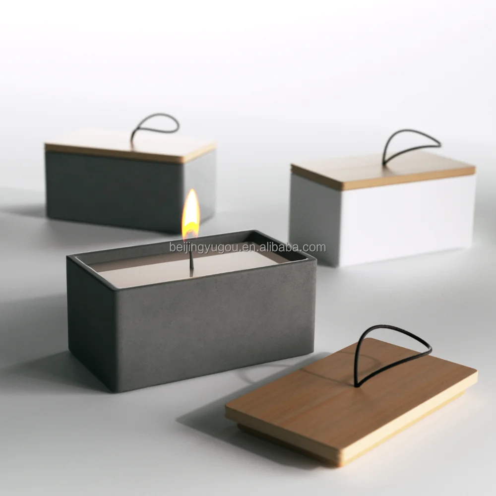 50oz Nordic Custom Cement Candle Vesel Candle Holder Luxury Empty Stone Concrete Large Square Big Candle Jars With Bamboo Lid