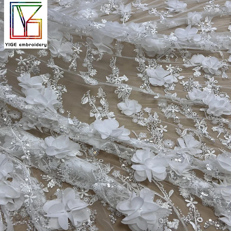 luxury french lace fabric with embroidery and sequin white mesh tulle beaded 3d floral lace fabric embroidery for dresses