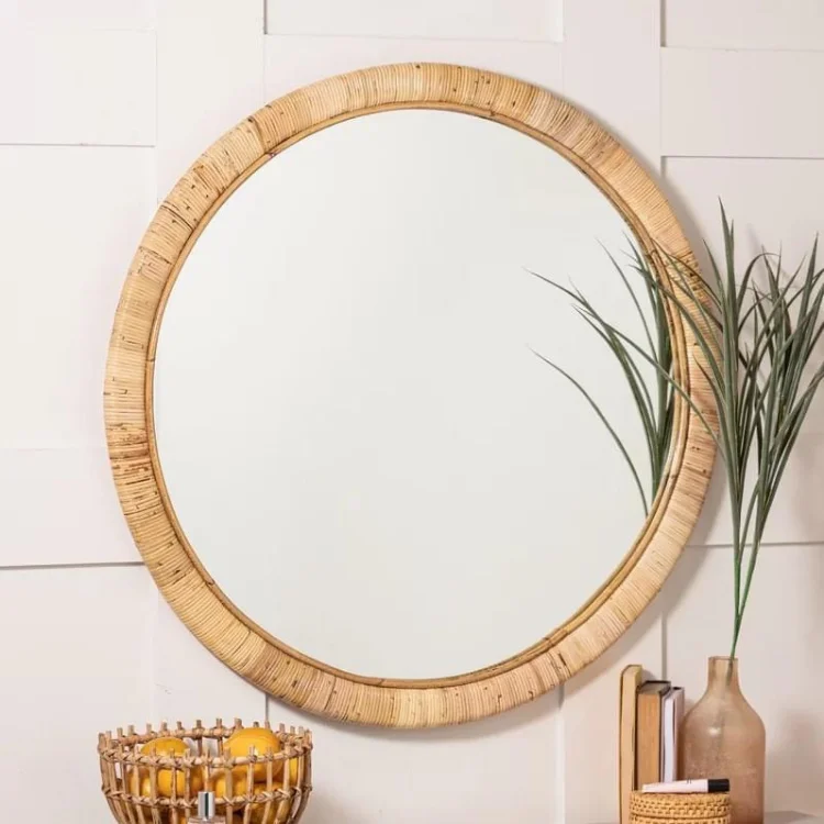Modern Vintage Style Natural Seagrass round Wall Mirror Factory Direct Hanging Decorations Vietnam Bamboo Rattan Bedroom Decor