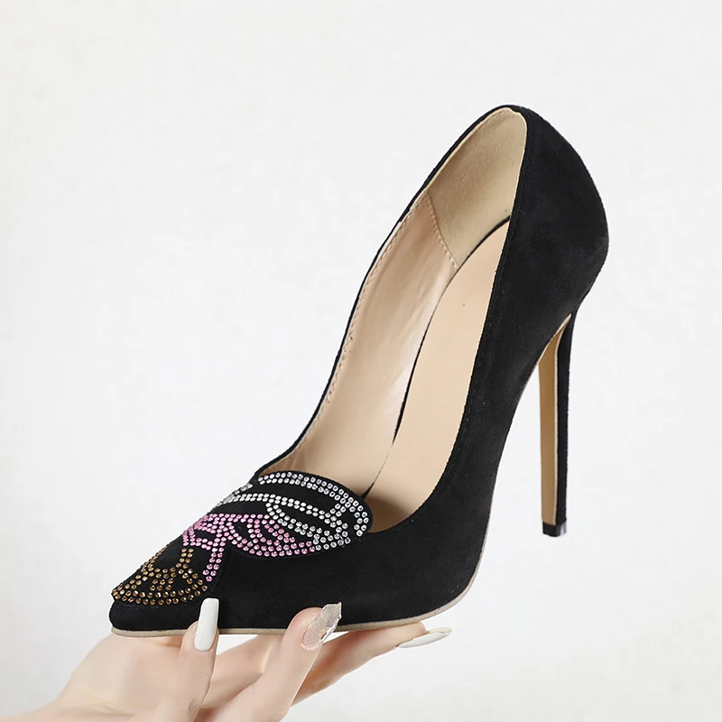 Black Aneikeh for Women Polka Dot Summer Pointed Flock Wedding Dress High Heels Designer 2023 Elegant Fashion Crystal High Pumps