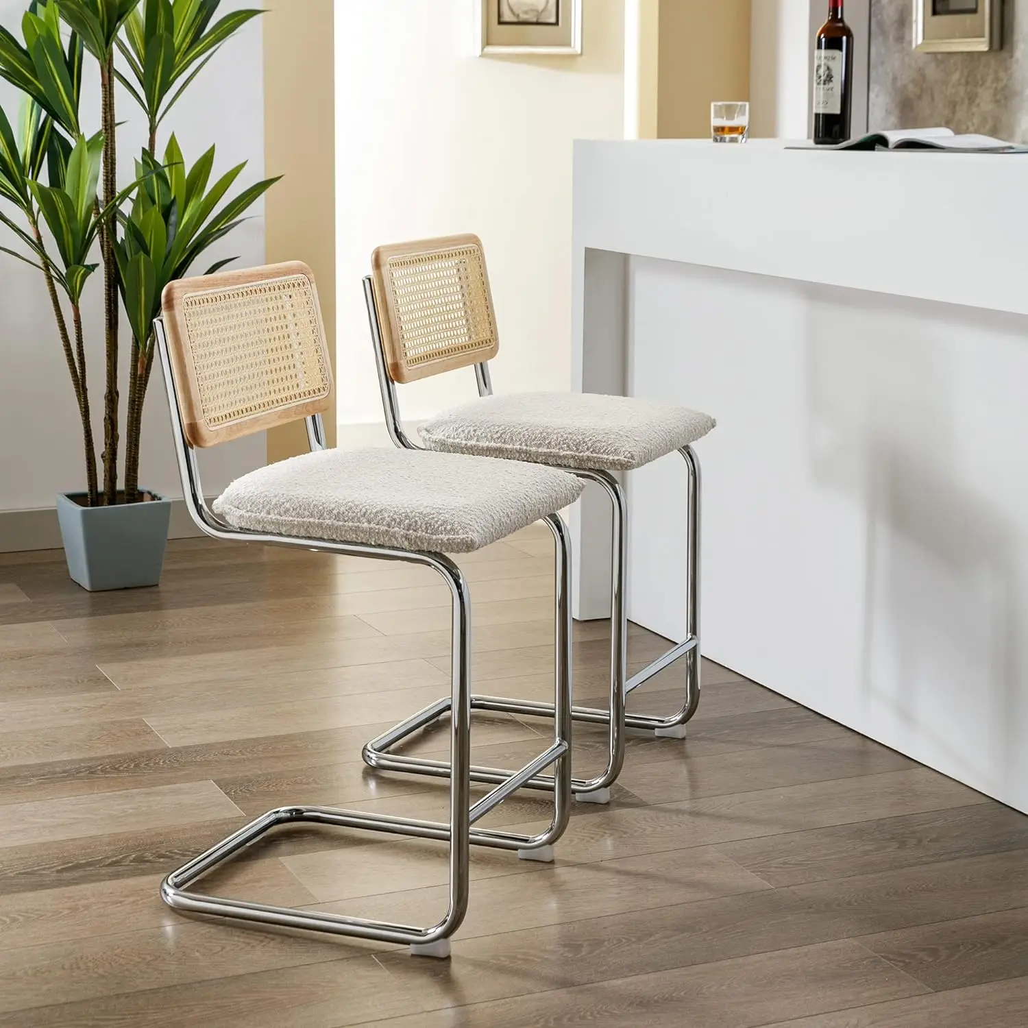 Factory Price Woven Cane Backrest Boucle Fabric Cushion Counter High Bar Stool Chair with Chrome Metal Legs