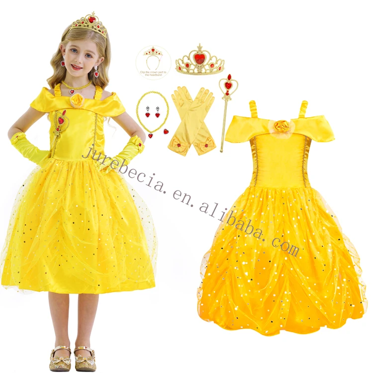 TV & Movie Costume Halloween Carnival Cosplay Off Shoulder Sequin Mesh Girl Party Dress Deluxe Yellow Belle Princess Costumes