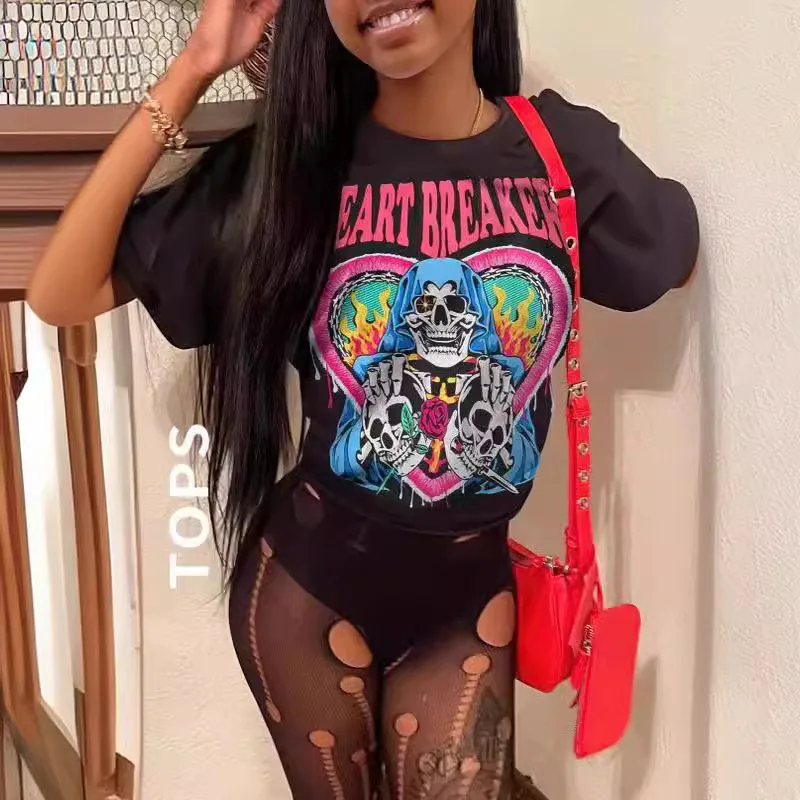 Ready to ship usa size boutique fashion printed designer XS-XL women short sleeve t shirt