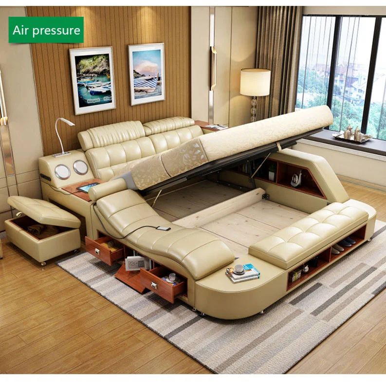 New design modern furniture classic design wooden frame leather bed with electric massage recliner