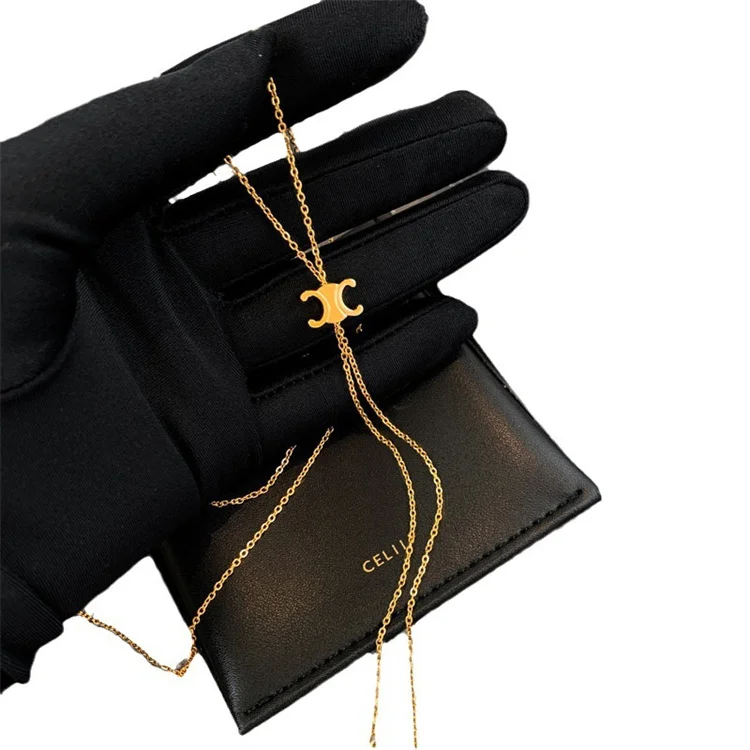 French New Style Titanium Steel Long Pull Out Golden Tassel Necklace Sweater Chain Necklace for Women