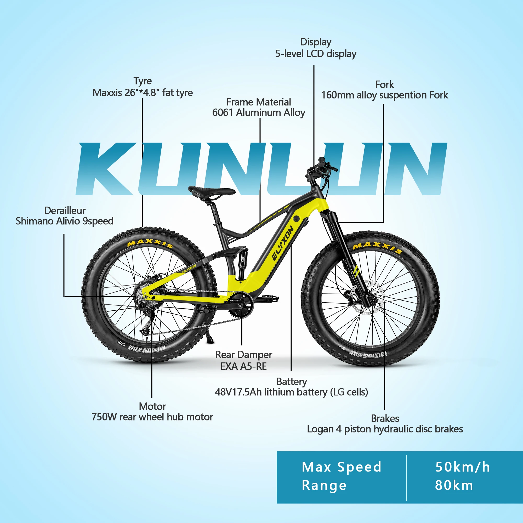 Kunlun 750 Вт толстая шина 48 в 17 5 А/ч спортивный взрослый 26 дюймов полная подвеска Электрический горный велосипед для взрослых