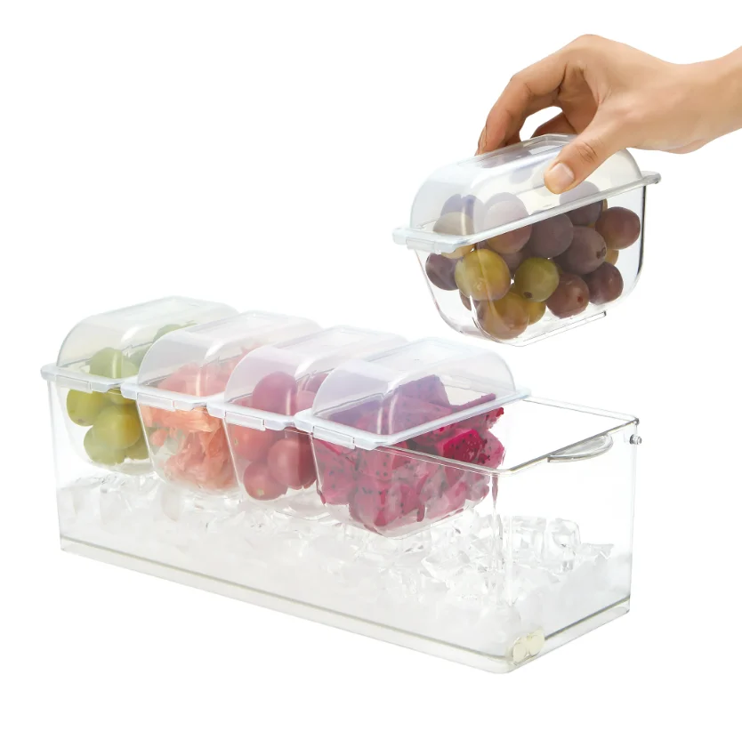 Ice Chilled Plastic Condiment Caddy Organizer with 5 Removable Compartments Garnish Serving Tray for Party, Bar Accessories
