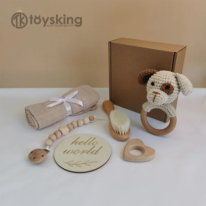 BPA Free Crochet Baby Teether Doll Beech Wood Newborn Teether Ring Pacifier Clip Baby Milestone Birth Gift Box 6pcs/set