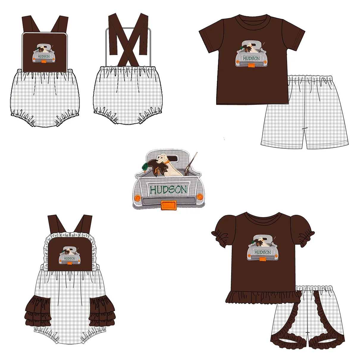 Online customization 1-14 years summer two piece clothes lovely bee applique yellow gingham seersucker boy outfits
