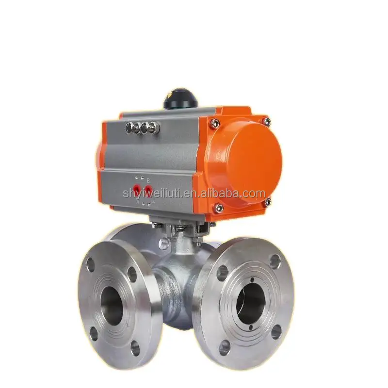 DN32 L Port stainless steel 304 316 flange connection 3 way 2pcs double union Pneumatic Actuator ball valve