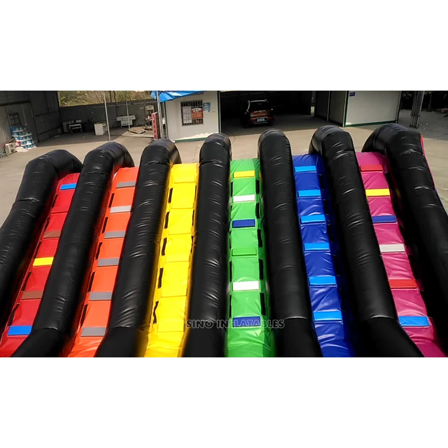 6 lane color run adults inflatable obstacle course with 2 hill slides for outdoor 5K inflatable sports activities
