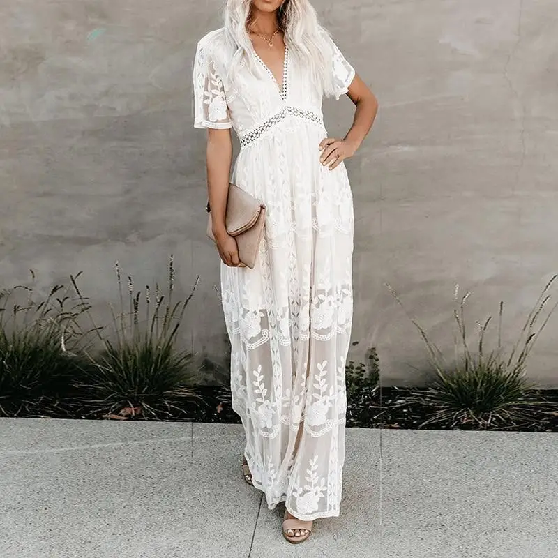 2022 Summer Boho Women Maxi Dress Loose Embroidery White Lace long Tunic Beach Dress Vacation Holiday Women Clothing