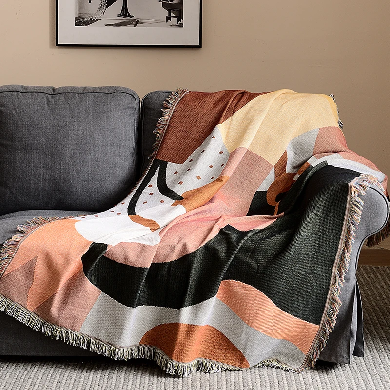 wholesale abstract thick hand woven photo plaid sofa blanket set