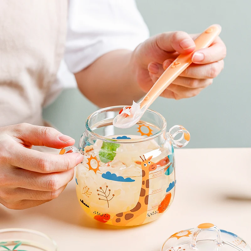 Double Ear Bowl With Scale High Borosilicate Glass Transparent Steamed Egg Custard Stew Cup Household Baby Glass Bowl With Cover