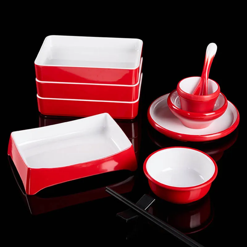 Stock Red Restaurant Wholesale Custom Catering Melamine Dinnerware Set Dishes Melamine Plates And Bowls