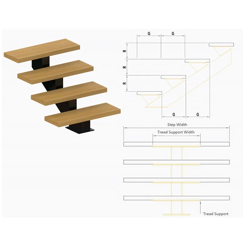 Prima staircase straight stair  Modular residential steel double beam decorative interior wood stairs