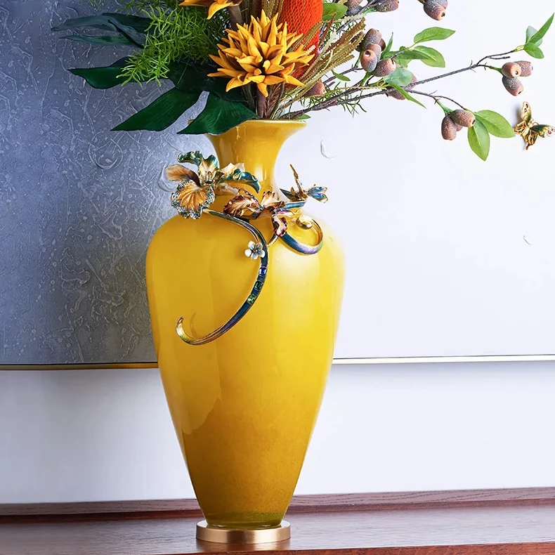 RORO Vases flower modern luxury home decorative lucky year tall yellow colored glass fresh dry flower vase for home decoration