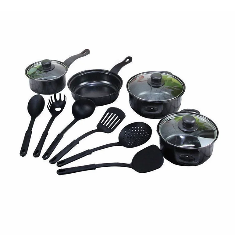 Wholesale 13 Pieces Cooking Accessories Multiple Size Iron Pots and Pan With Glass Lids And Utensil Sets