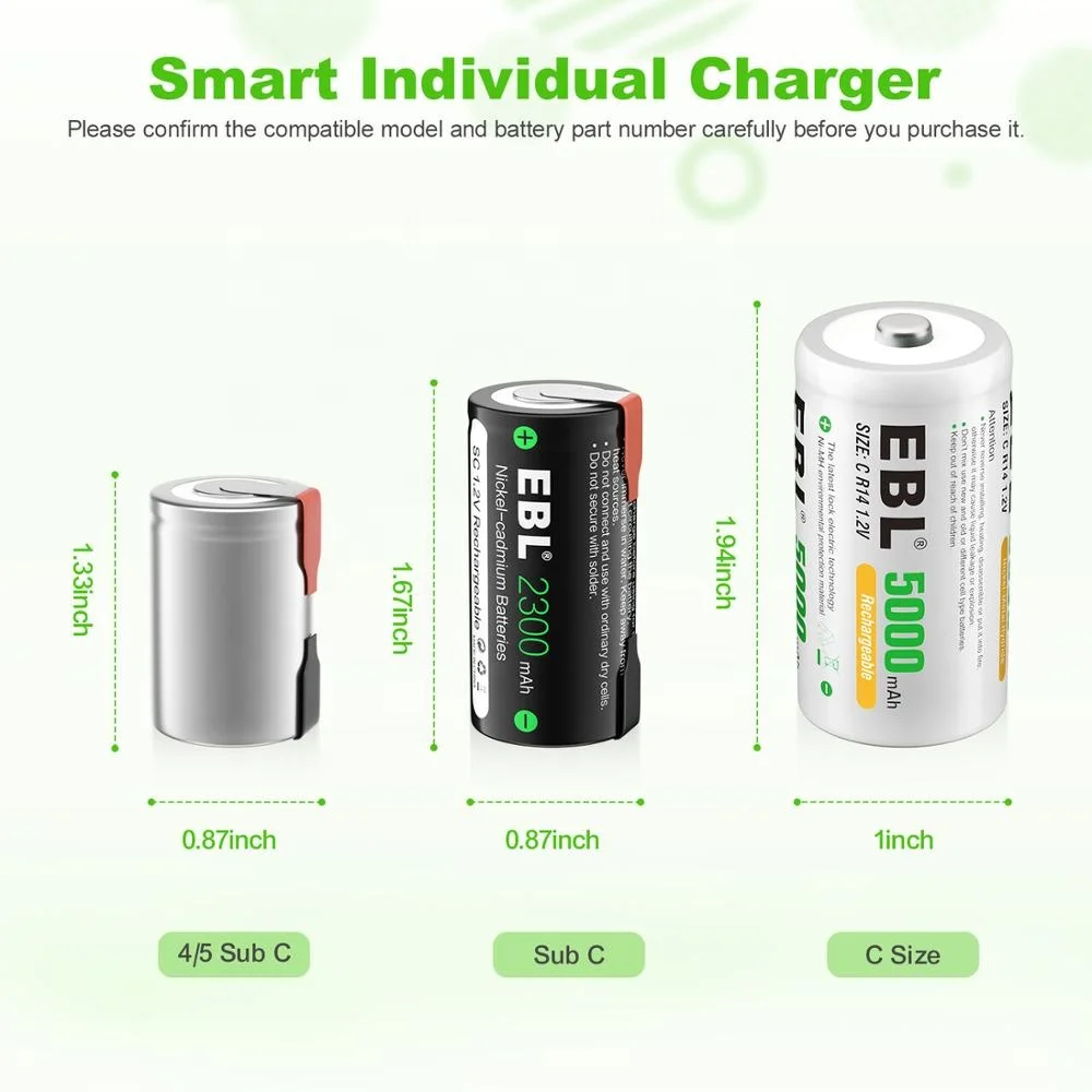  EBL 2300mAh Sub C Nicd Rechargeable Batteries 1.2V Flat Top Sub-C Cell With