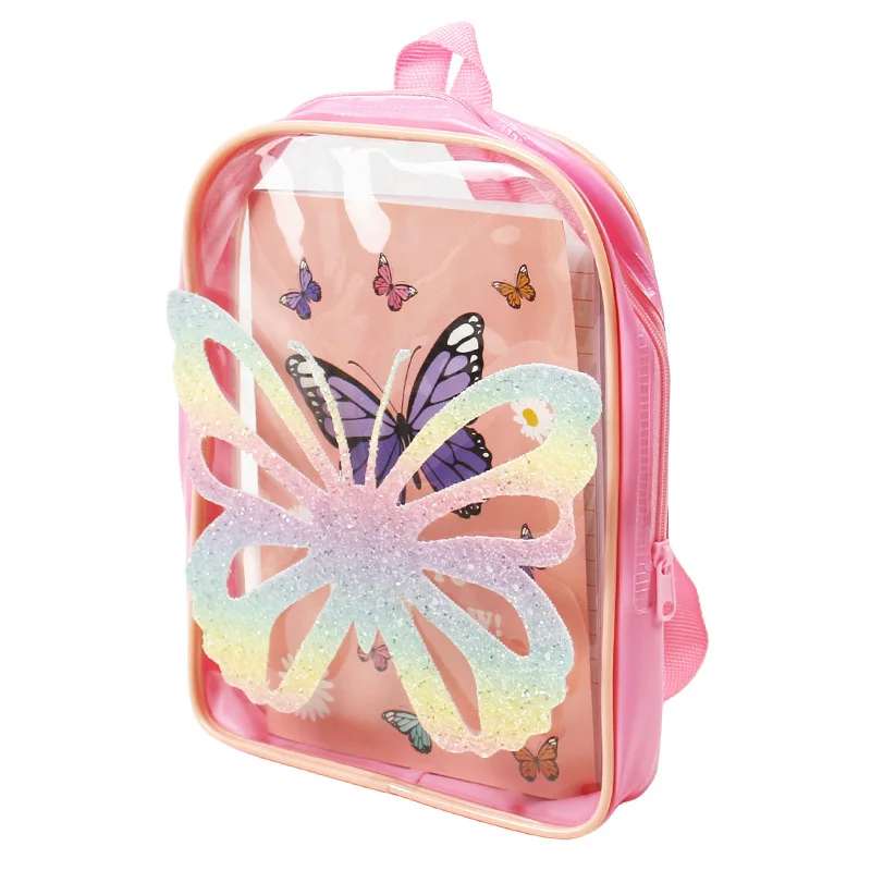 Butterfly Themed School Stationery Set for Girls Includes PVC Backpack Notebook Color Pencils Eraser Sharpener Glue Stick