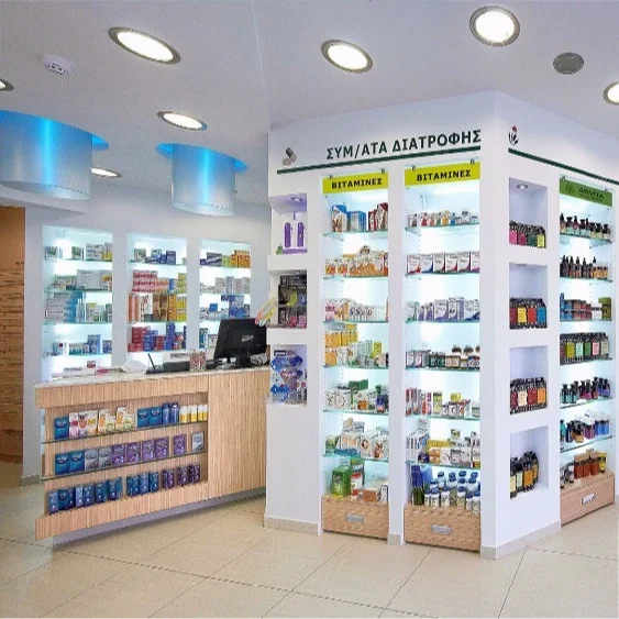 Customized Medical Store Furniture Display Rack Medical Shop Racks Shelves for Sale