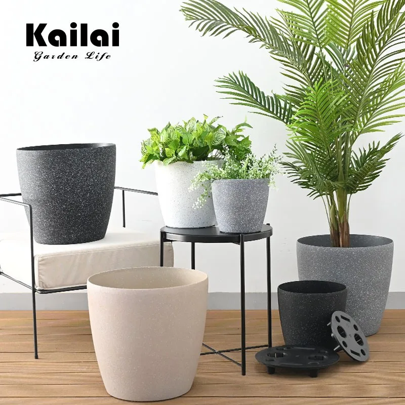 Kailai home garden decorative concrete effect large automatic self watering plastic plant flower pot planters with inner trays