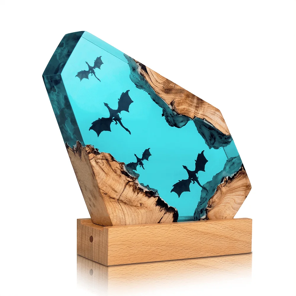 Dayi new Creative Design custom Epoxy Resin Wood Lamp LED Gift Night Light Dragon flight Home Decoration Table Lamp for sale