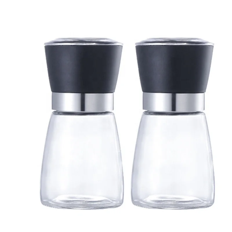 wholesale Black Plastic Adjustable ceramic core salt pepper grinder dry spice mills with 100ml glass spice bottle