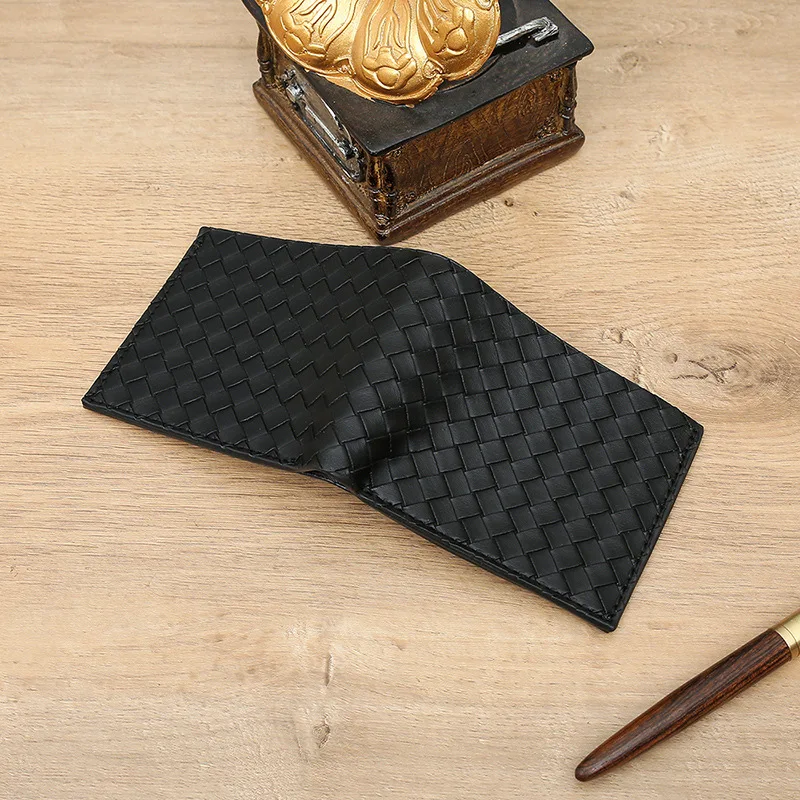 Fashion Vintage Short Wallet Genuine Leather  Wallet Mini Purse Coin Pouch Woven Card Bag