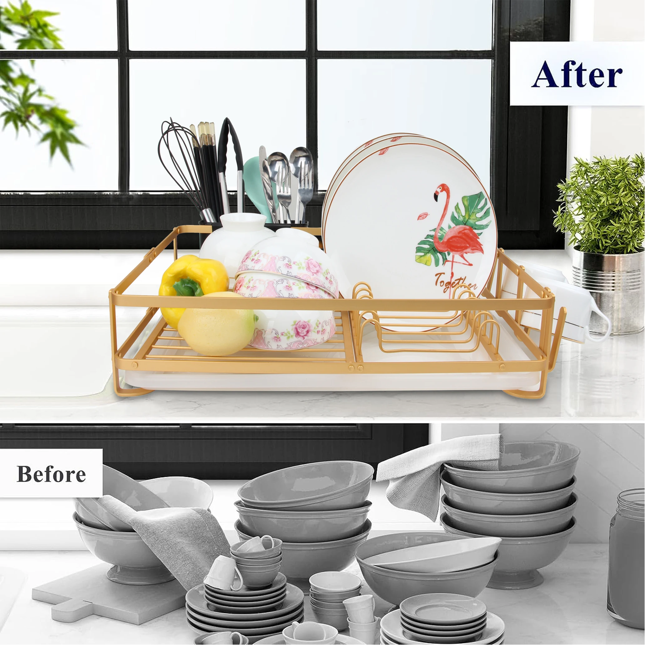 Kitchen counter Aluminum Rust Proof Dish Drying Drainer Rack with Drainboard