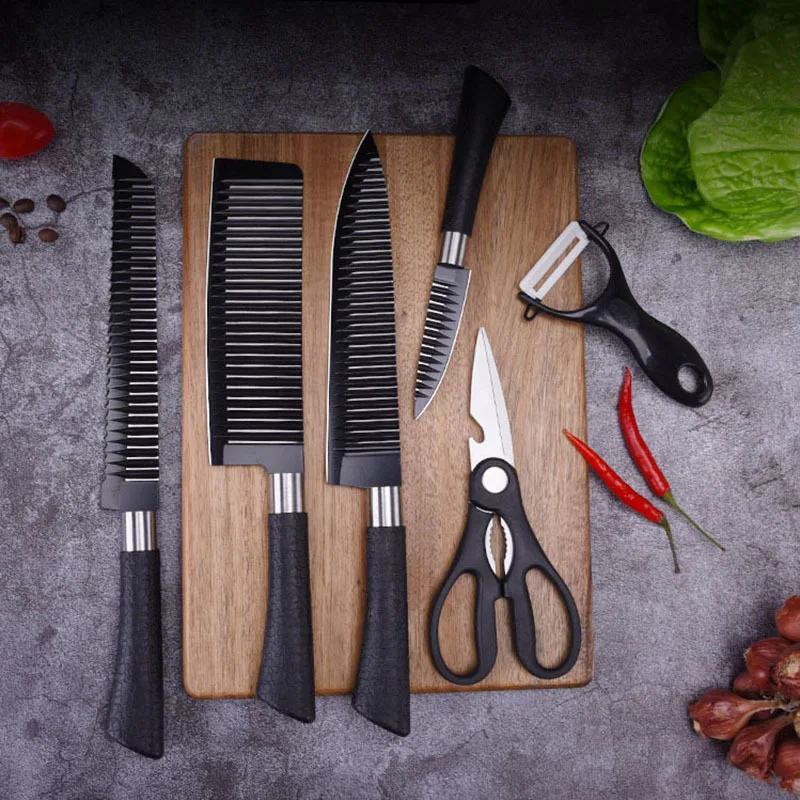 
Non-stick kitchen knife set stainless steel corrugated knife black wave tie pattern seven-piece set 