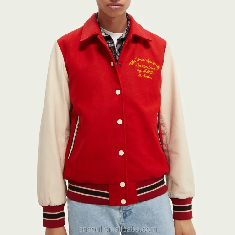 OEM Custom chain embroidery square collar leather sleeve letterman jacket for men