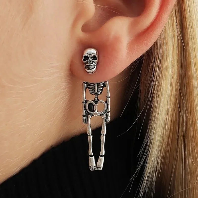 2024 New Exaggerated Halloween Gothic Style Skull Skeleton Drop Earrings Silver Plated Ghost Hip Hop Rock Cool Dropped Earrings