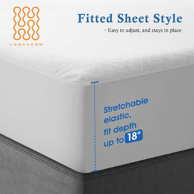 Longshow Premium Soft 100% Waterproof White Mattress Protector Twin Size top Terry fabric Mattress Cover