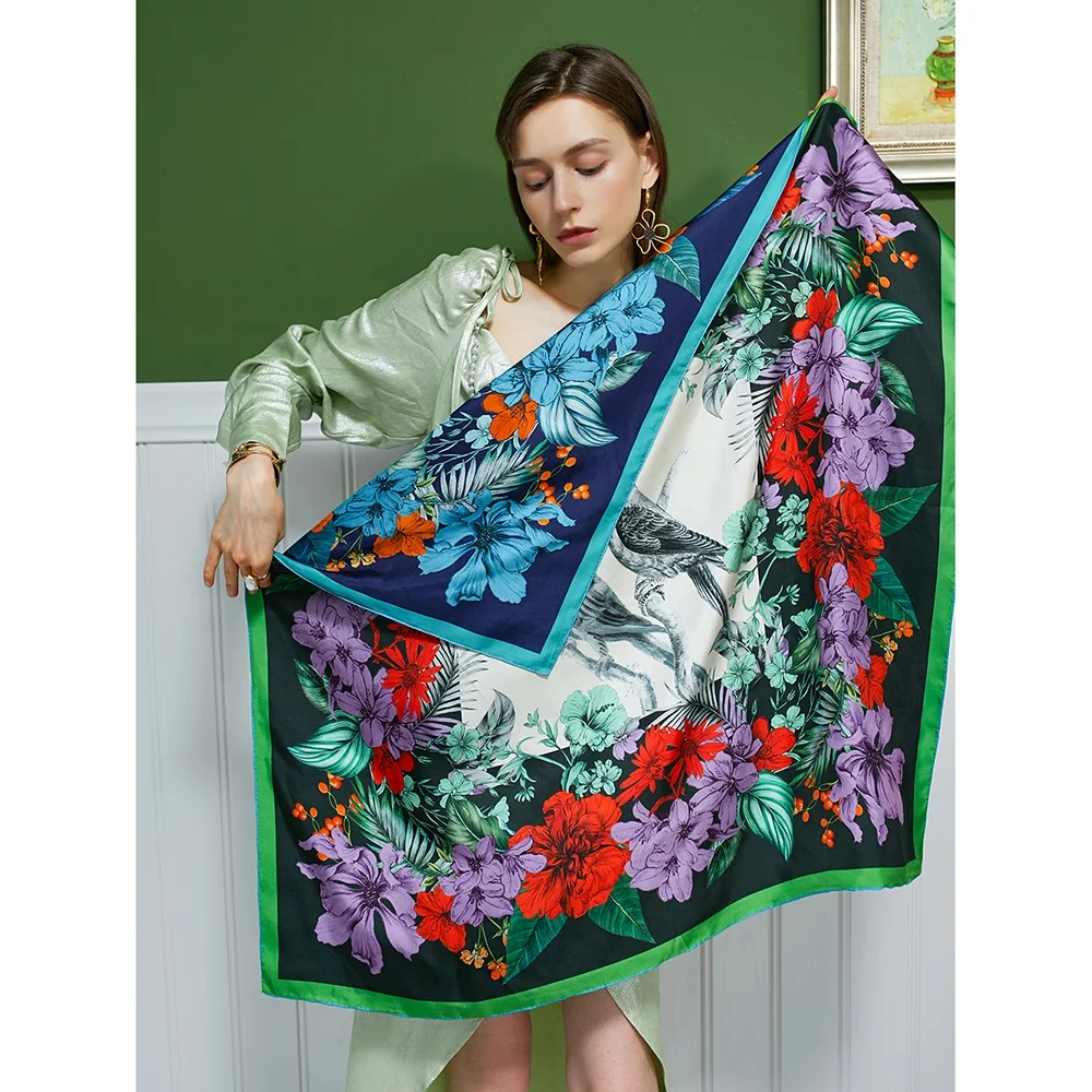 Wholesale Custom Made 100% Silk Double Printing 90*90cm Large Square Scarf shawl