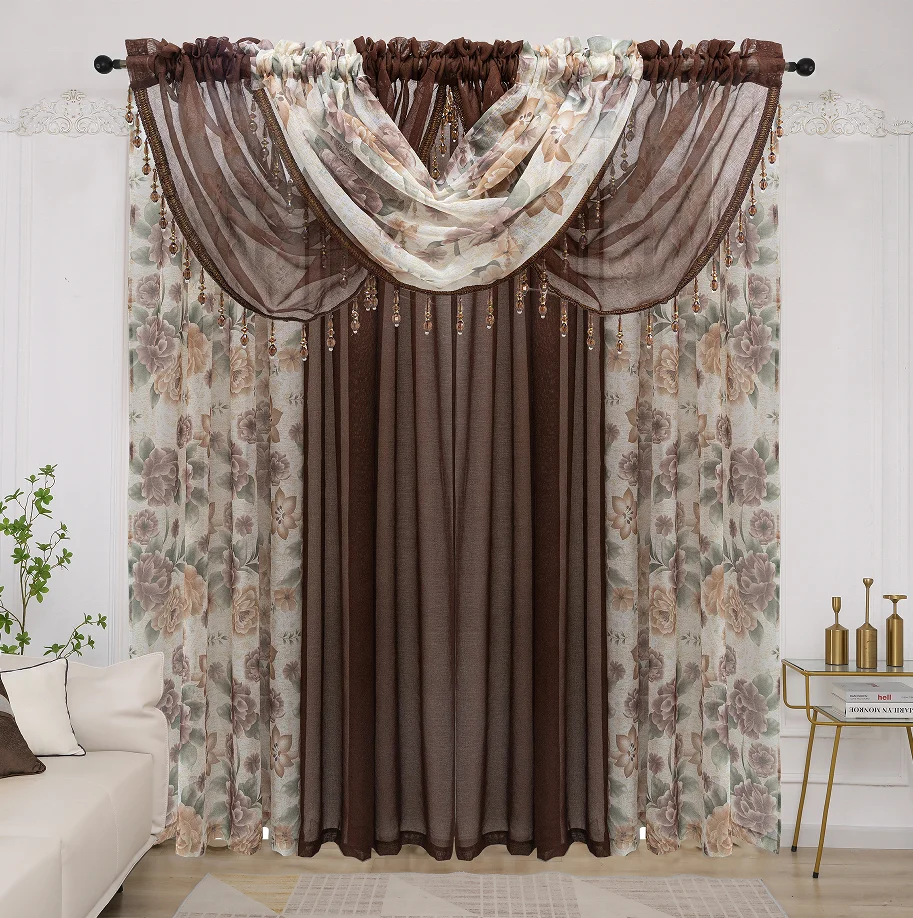 Modern design sheer printed window curtains 7 pieces sheer drapes set ready made curtain valance for the living room