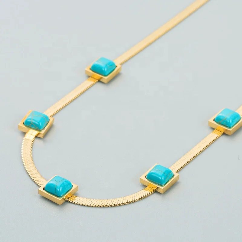 Hot Flat Snake Chain Herringbone Chain Choker Necklace 18K Gold Plated Stainless Steel Chain Bohemia Turquoise Necklace