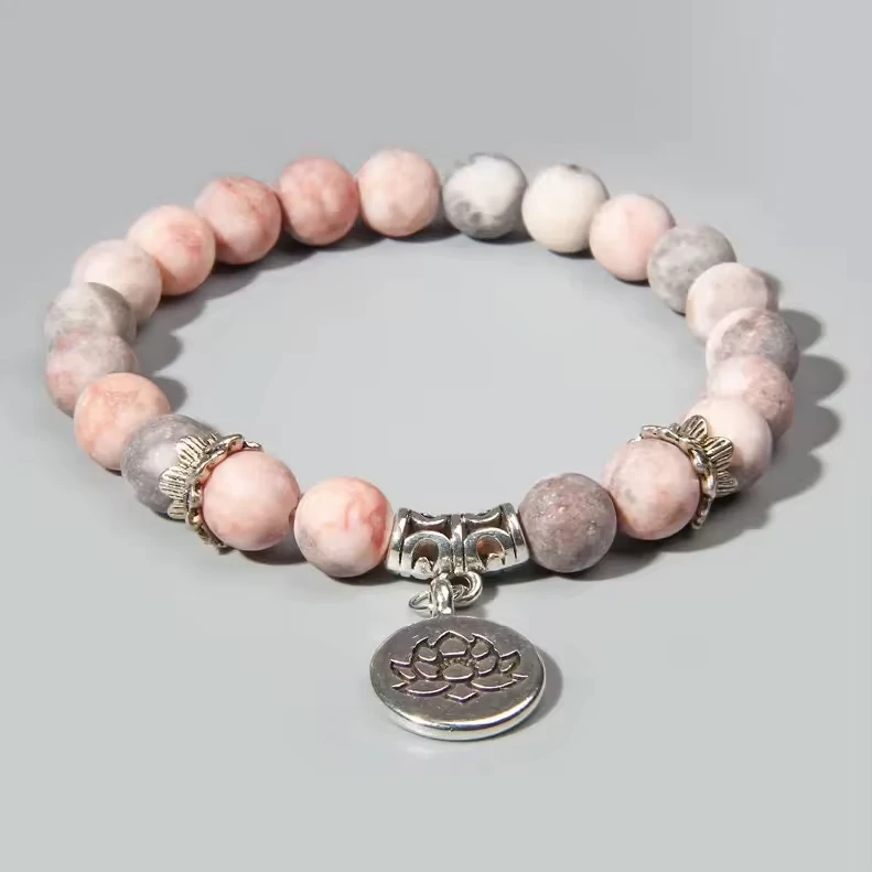 8mm Natural Gemstone Energy Lotus Charm Beaded Chakra Bracelet Healing Crystal Jewelry Yoga Practice Fashion Bangle Gold