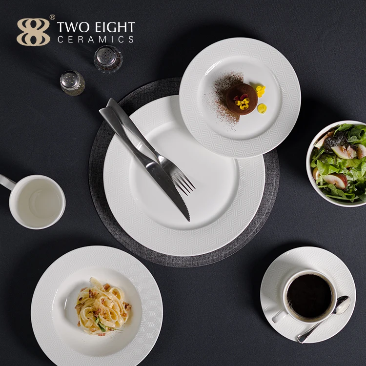 New Bone China Embossed Striped Microwave Oven & Dishwasher Safe Porcelain Set Dinnerware Geometric White Ceramic Dinner Plates
