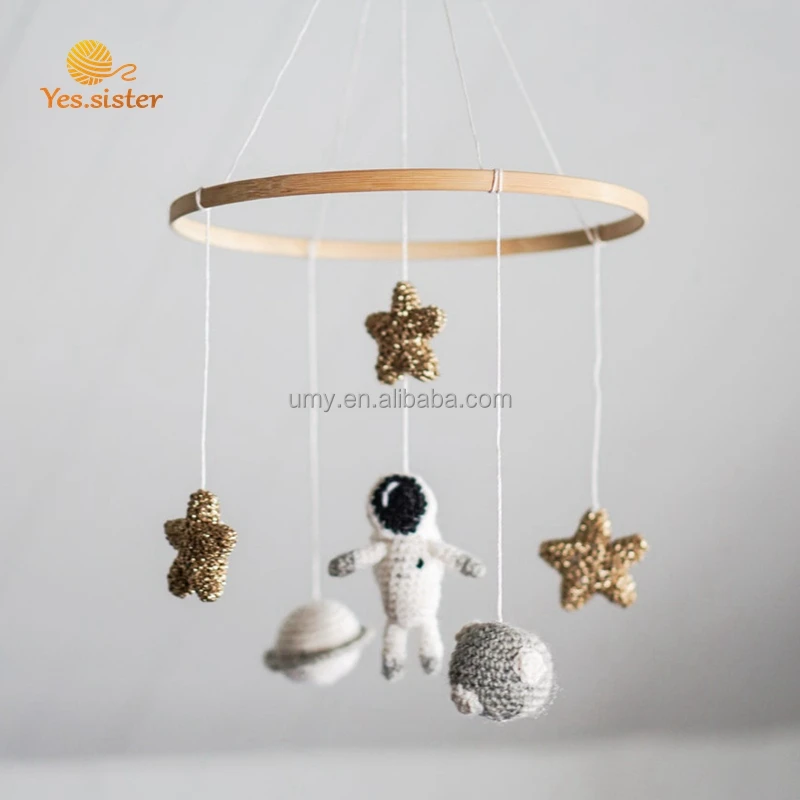 Wooden Crochet Astronaut Toy Crib Space Baby Shower Gift Handmade New Cot Mobile