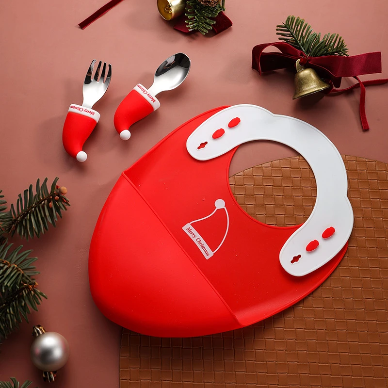 New Products Christmas Factory Wholesale Silicone Baby Bib Feeding Set Creative Forks, Spoons, Tableware,Hats, Silicone Divided