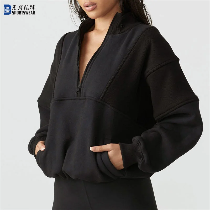 Custom Women Supplier Fall Heavyweight Pullover Warm Cotton Blank Cropped Oversized Crew Neck Jogging Zip Sweatshirt