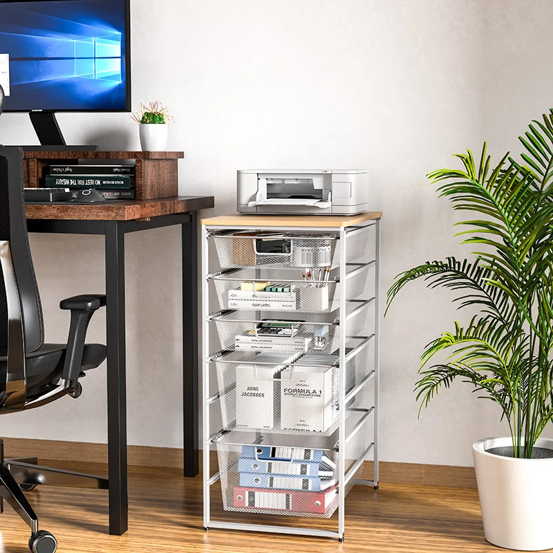 WIREKING Wholesale MDF Top End Table Combination Storage Drawer Carts Rolling Cart with 3 mesh drawers for Bedroom