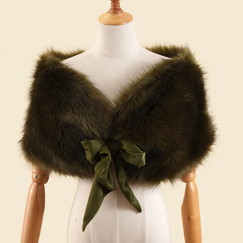 Fashion lady fake fur shawl fox cloak red faux fur shawl silk scarf tie