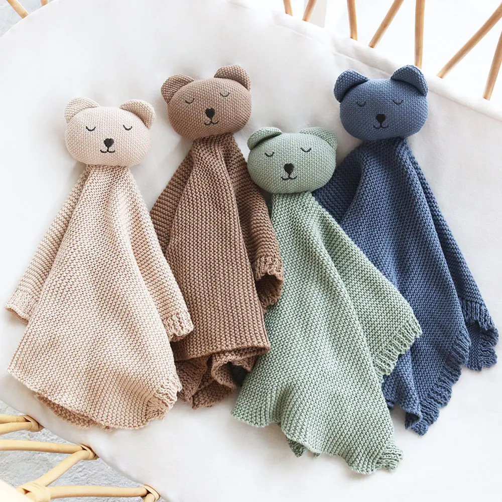 New Stylish 100% Organic Cotton Knitted Blanket Customized Embroidered Name Bear Soft Breathable Receiving Blanket