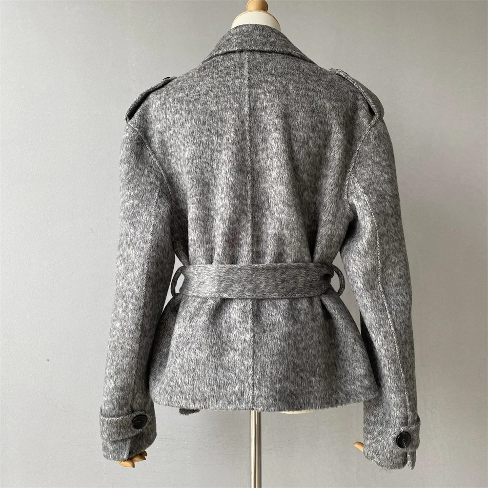 Wholesale Thick Warm Custom Short Style Double Faced Wool Outerwear Belt Elegant Soft Winter Long Sleeve Women Grey Wool Coat
