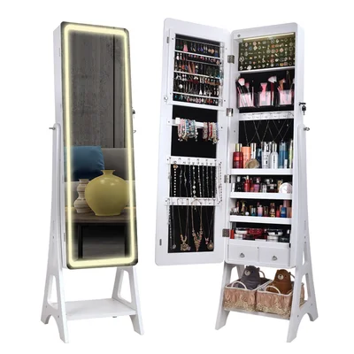 LED Light Floor Standing Mirror Jewelry Storage Box Wall Hanging White Organizer Jewelry Armoire With Full Screen Mirror