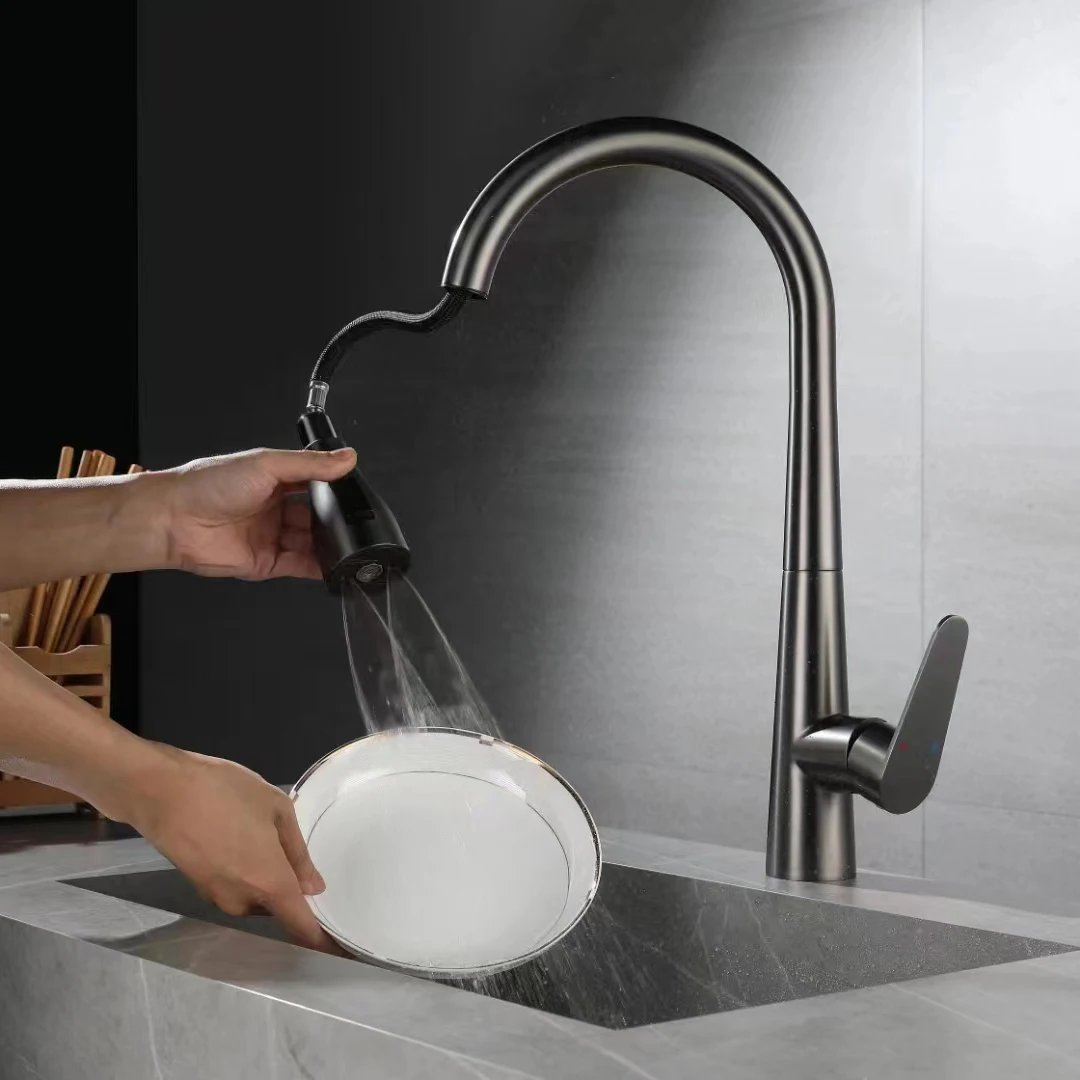 three mode widespread Gun grey SUS304 pull down out kitchen sink faucet with sprayer for kitchen sink