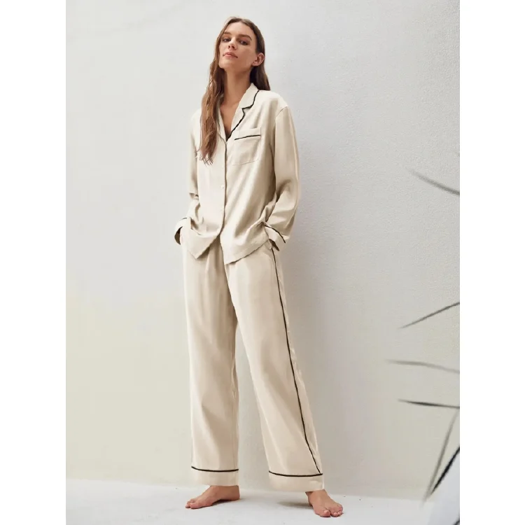 Long Sleeve Satin Pyjamas Custom Solid Sleepwear Women Contrast Piping Blouse & Pants Luxury Silk Pajamas